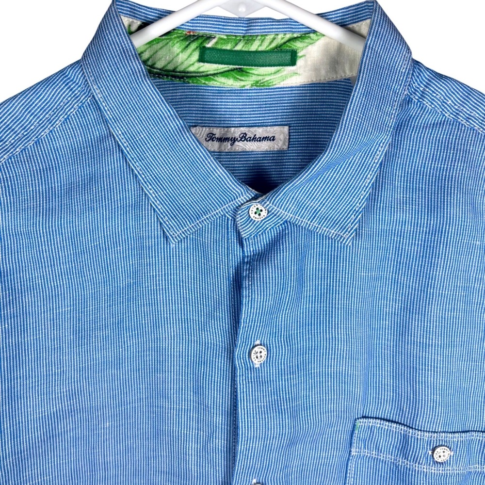 Tommy Bahama Button Up Shirt Mens XL Blue Micro Stripe Linen Tencel Long Sleeve